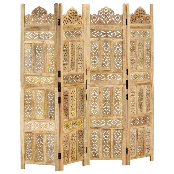 Biombo 4 paneles tallado a mano madera maciza mango 160×165 cm Marrón claro