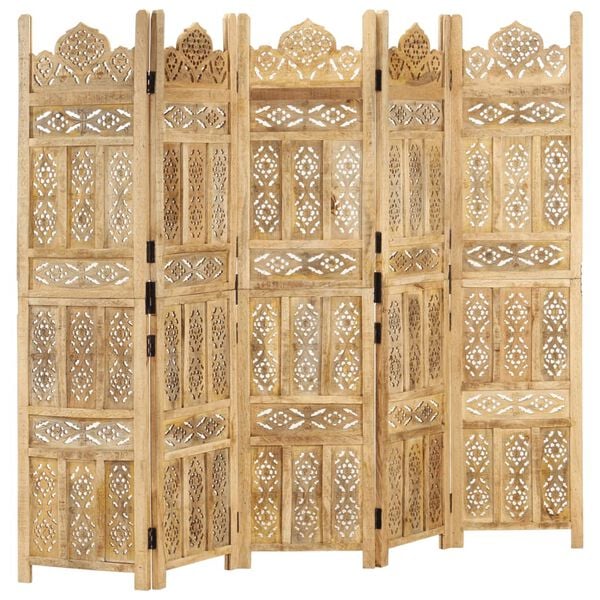 Biombo 5 paneles tallado a mano madera maciza mango 200×165 cm Marrón claro