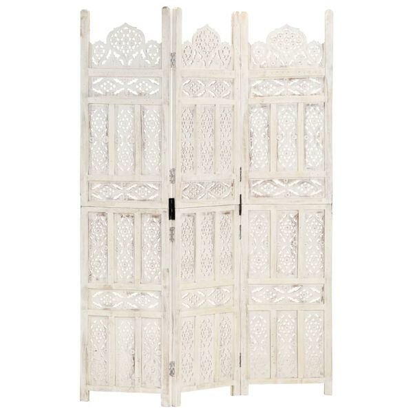 Biombo 3 paneles tallado a mano madera mango blanco 120×165 cm Blanco