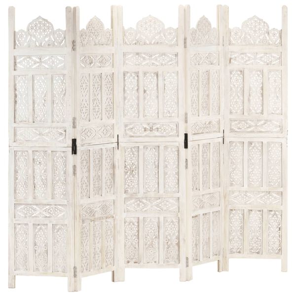 Biombo 5 paneles tallado a mano madera mango blanco 200×165 cm Blanco