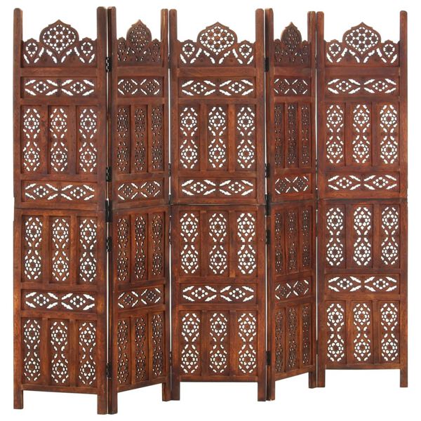 Biombo 5 paneles tallado a mano madera mango marrón 200×165 cm Marrón oscuro