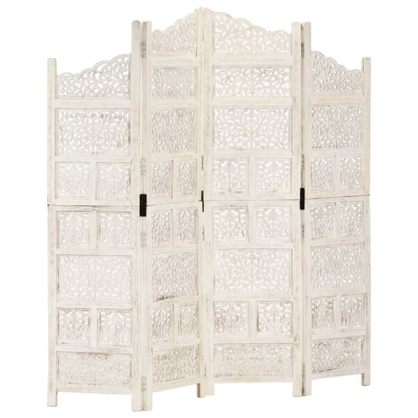 Biombo 4 paneles tallado a mano madera mango blanco 160×165 cm Blanco