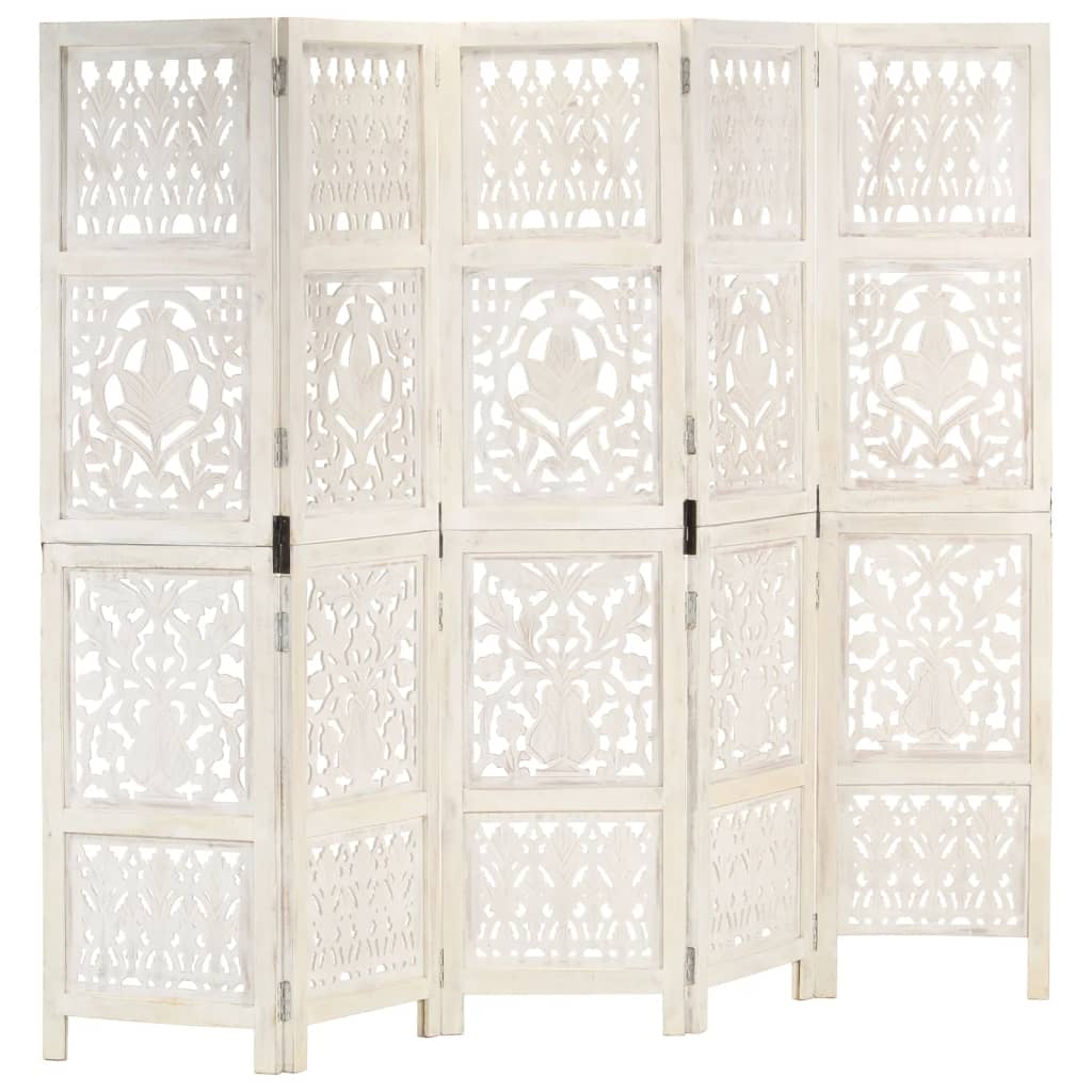 Biombo 5 paneles tallado a mano madera mango blanco 200×165 cm 285331