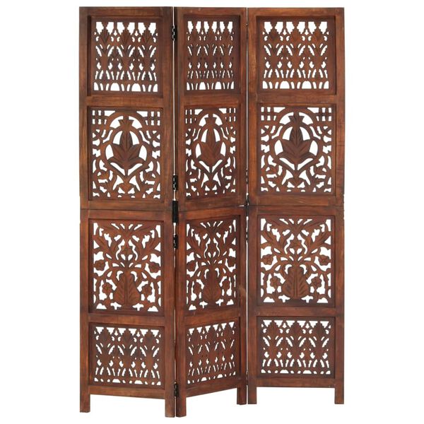 Biombo 3 paneles tallado a mano madera mango marrón 120×165 cm Marrón
