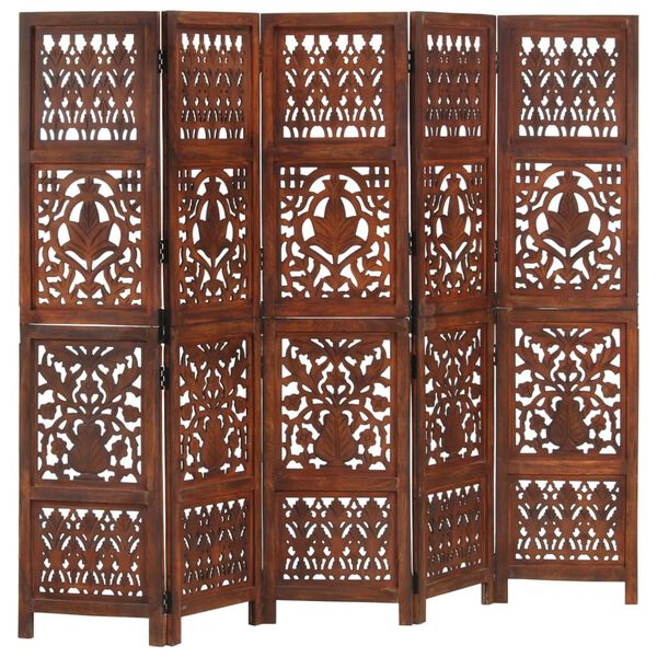 Biombo 5 paneles tallado a mano madera mango marrón 200×165 cm Marrón