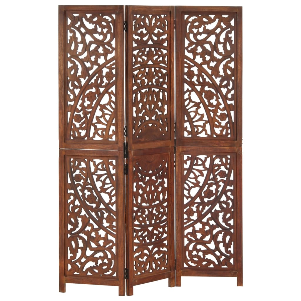 Biombo 3 paneles tallado a mano madera mango marrón 120×165 cm 285338