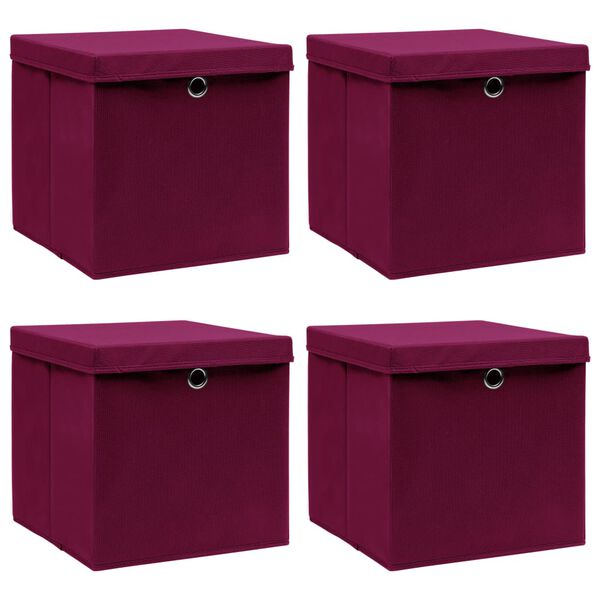 Caja de almacenaje con tapas 4 uds tela rojo oscuro 32x32x32 cm Rojo oscuro con tapas