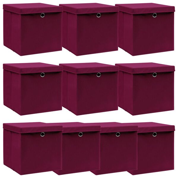 Caja de almacenaje con tapa 10 uds tela rojo oscuro 32x32x32 cm Rojo oscuro con tapas