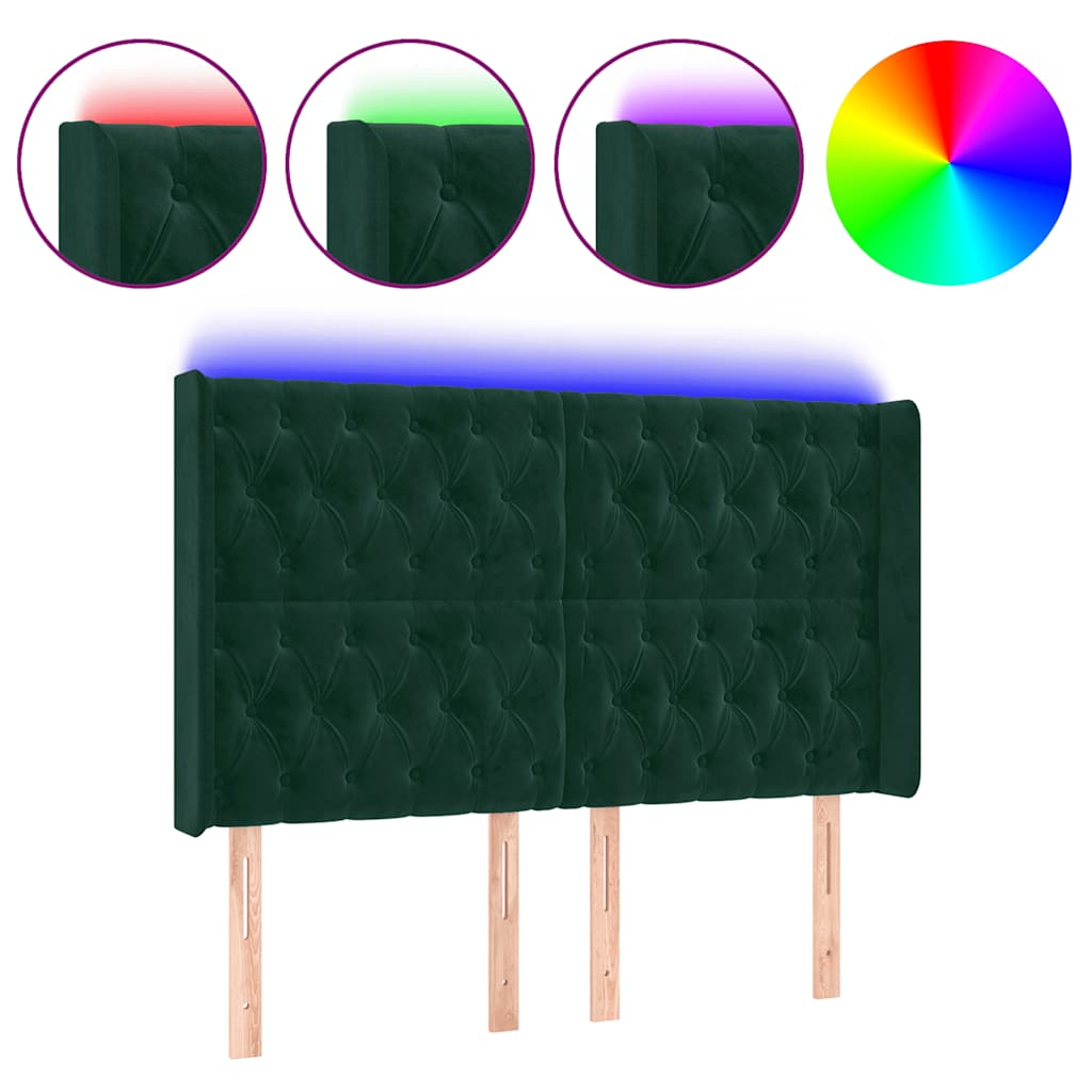 Cabecero con LED de terciopelo verde oscuro 147x16x118/128 cm 3124435