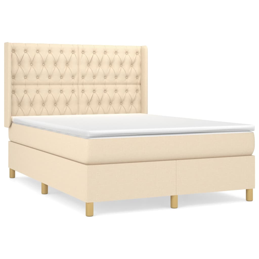 Cama box spring con colchón tela color crema 140×190 cm 3132230