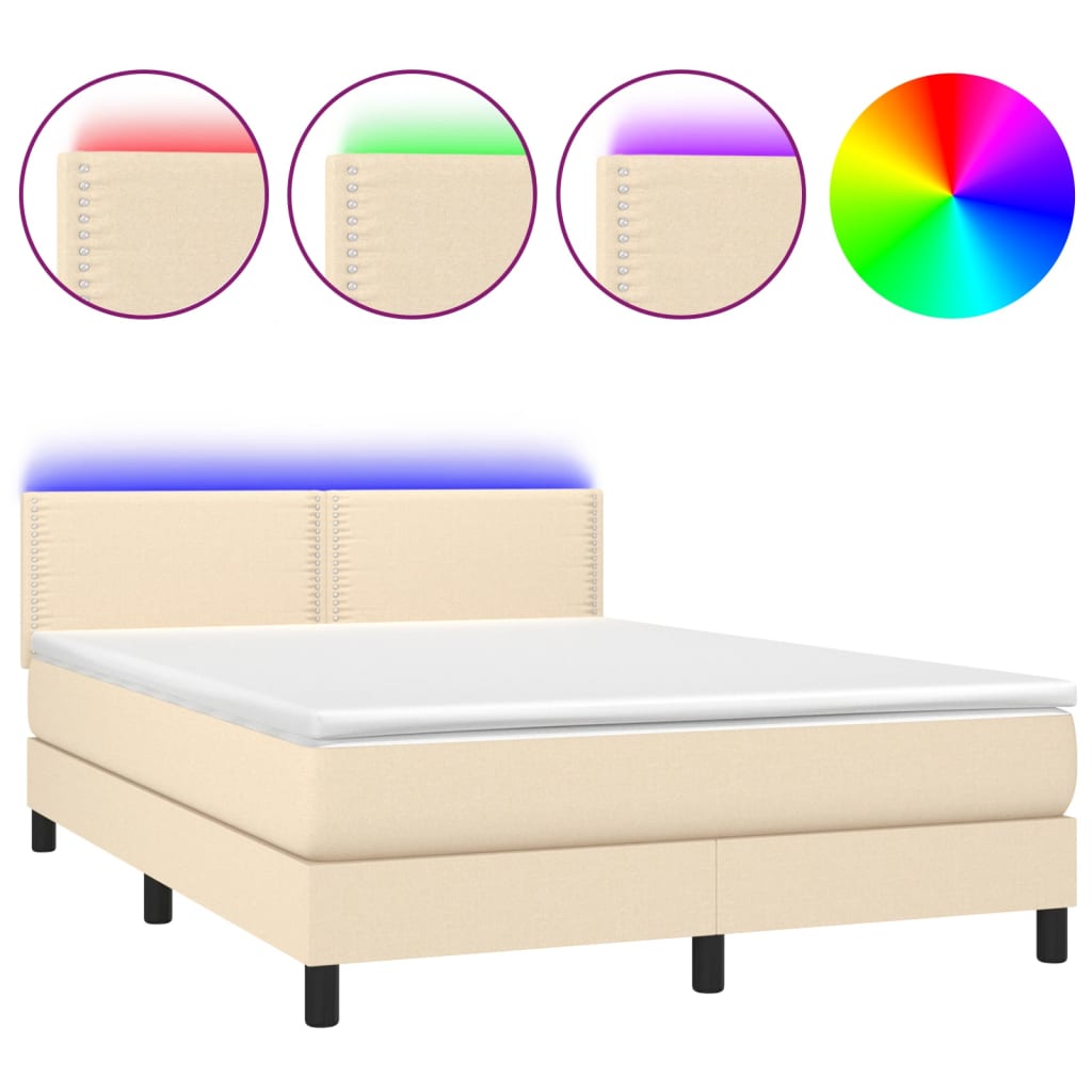 Cama box spring colchón y luces LED tela crema 140×200 cm 3133082