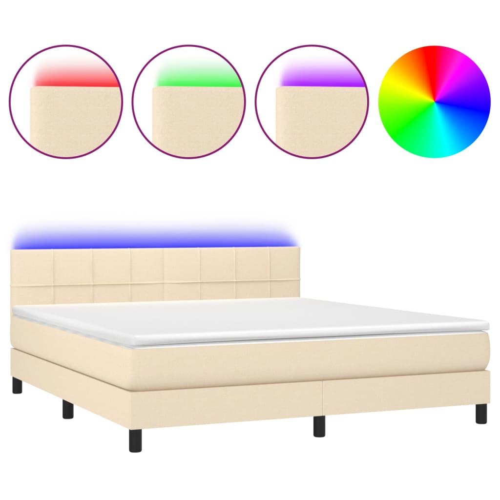 Cama box spring colchón y luces LED tela crema 180×200 cm 3133178