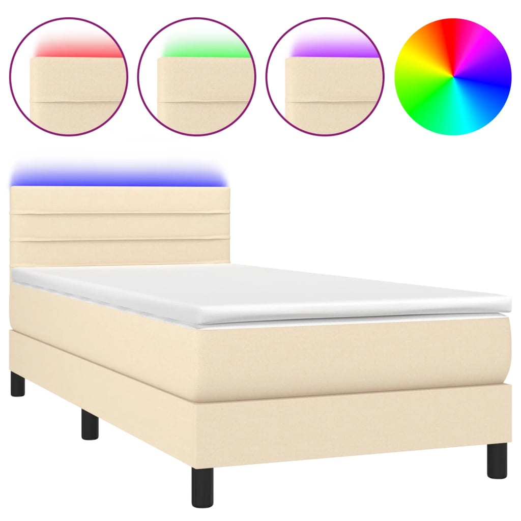 Cama box spring colchón y luces LED tela crema 80×200 cm 3133194