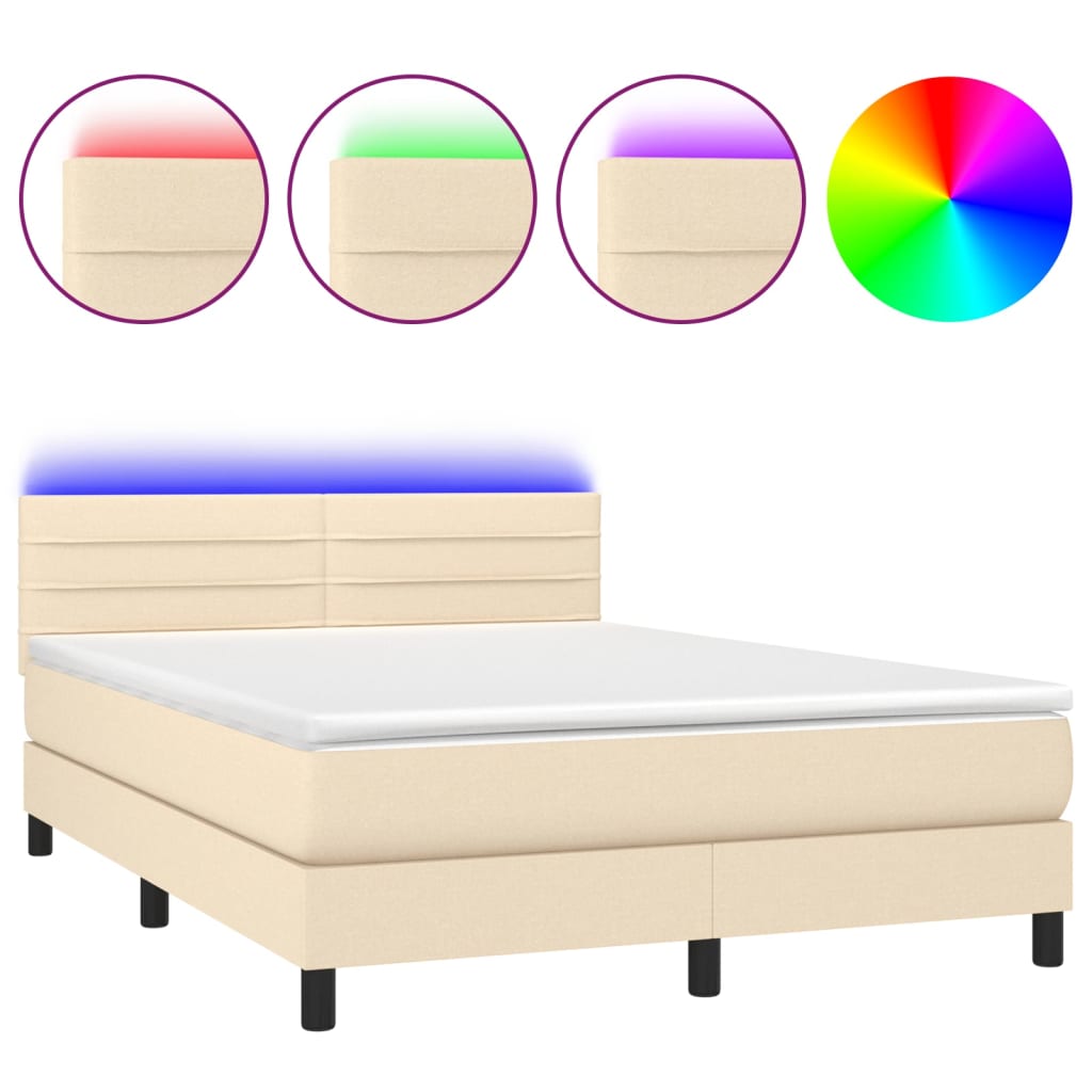 Cama box spring colchón y luces LED tela crema 140×200 cm 3133242