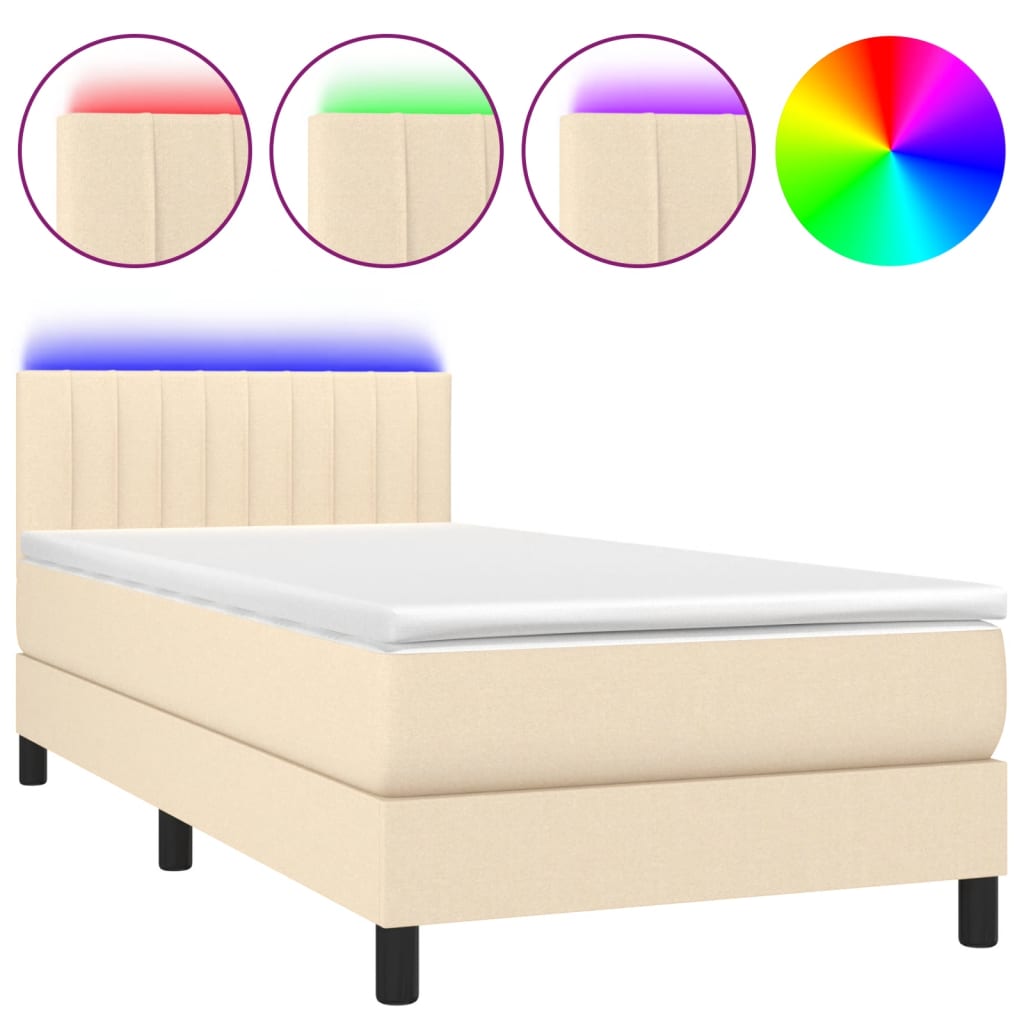 Cama box spring colchón y luces LED tela crema 80×200 cm 3133274
