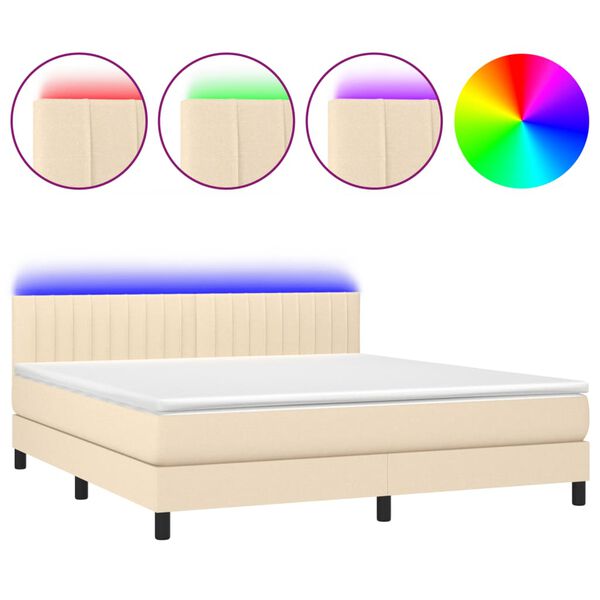 Cama box spring colchón y luces LED tela crema 180×200 cm Crema