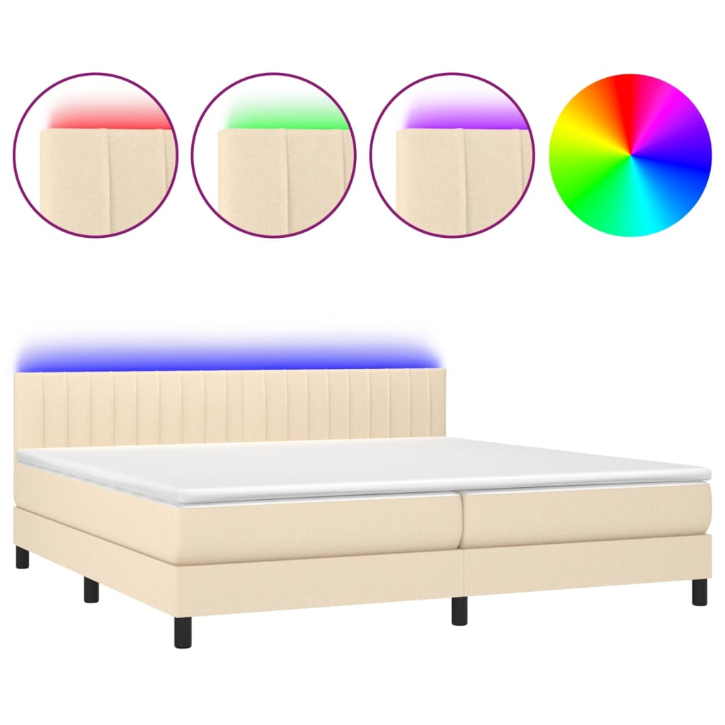 Cama box spring colchón y luces LED tela crema 200×200 cm 3133346