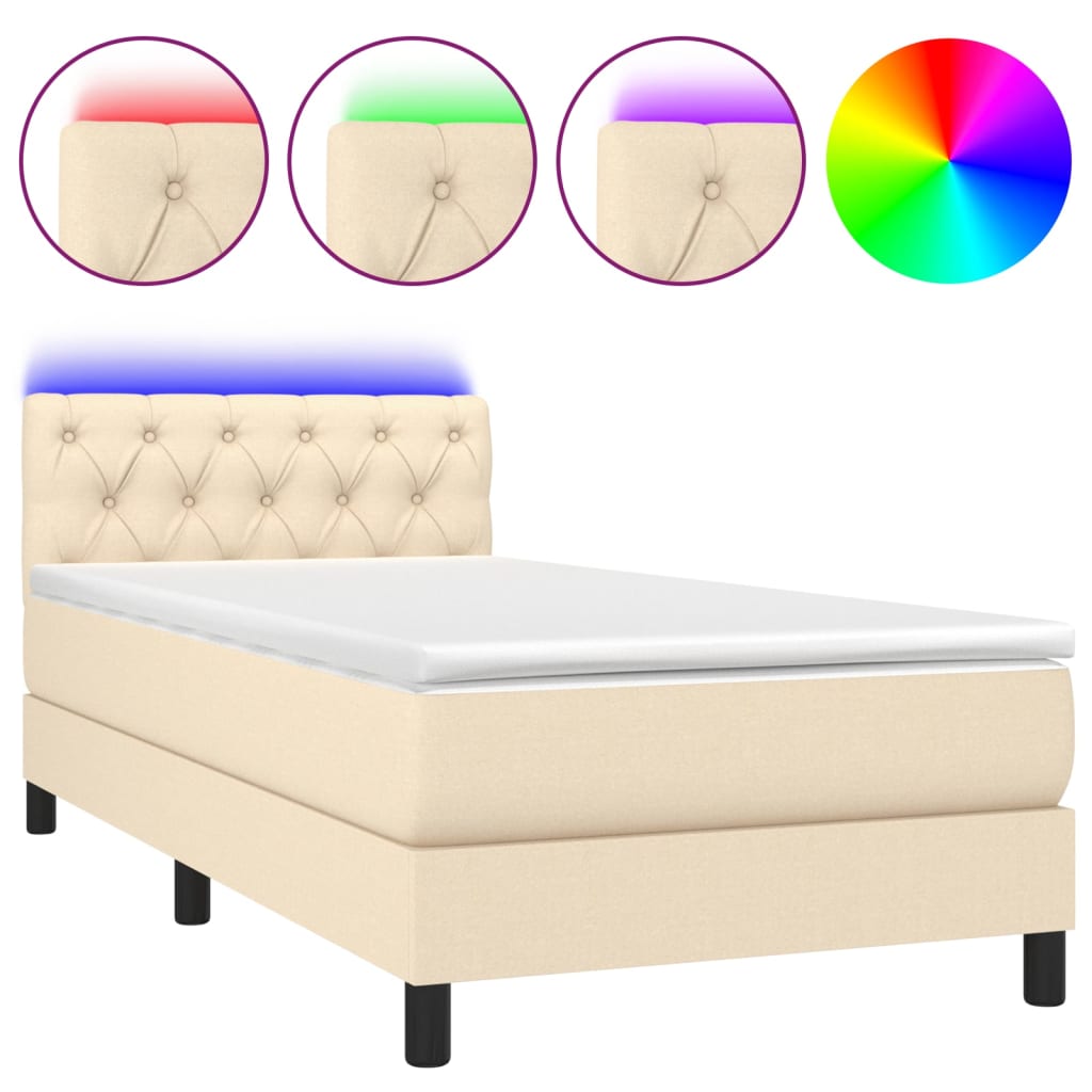 Cama box spring colchón y luces LED tela crema 80×200 cm 3133354