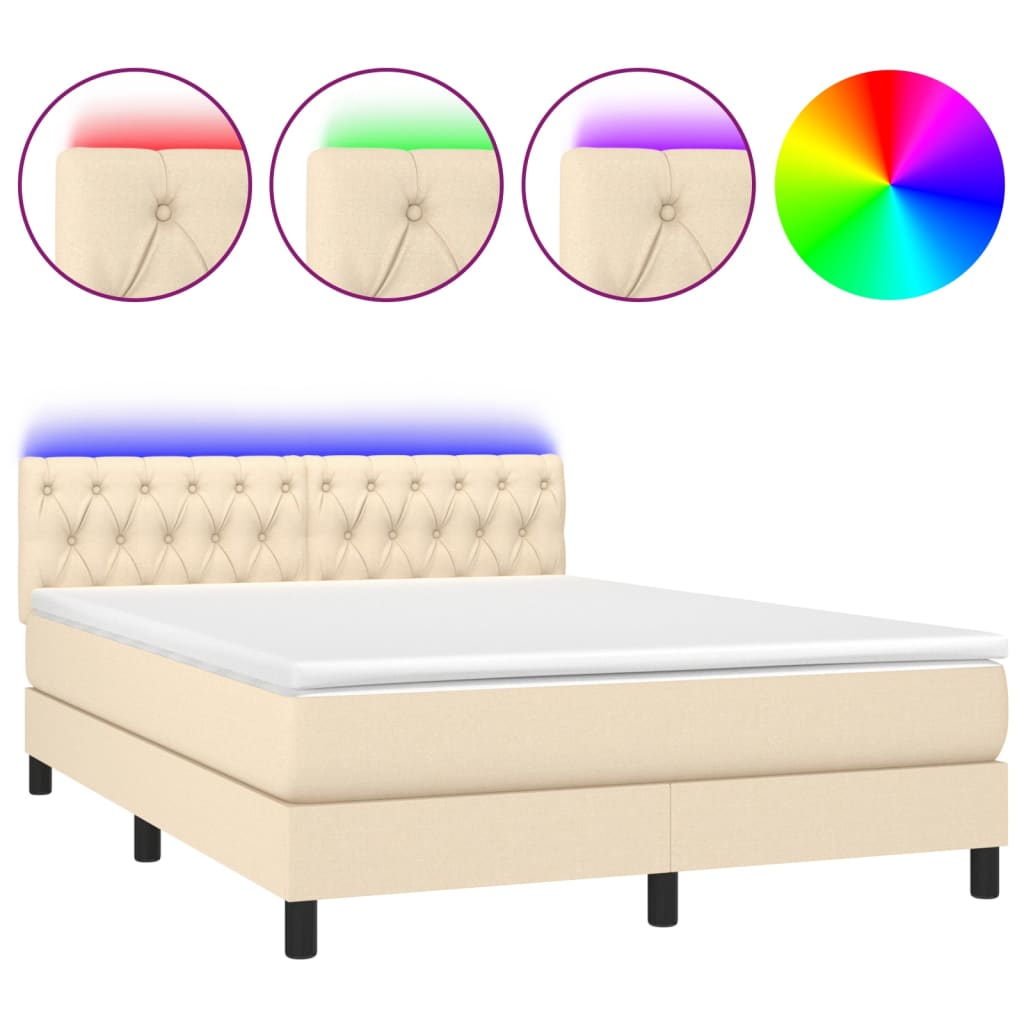 Cama box spring colchón y luces LED tela crema 140×200 cm 3133402