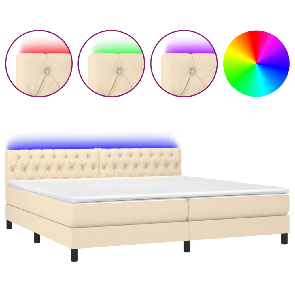 Cama box spring colchón y luces LED tela crema 200×200 cm 3133426