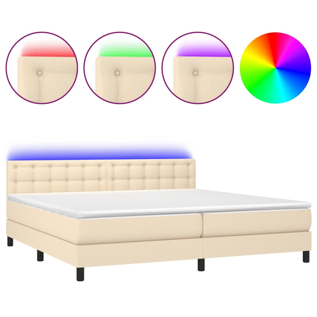 Cama box spring colchón y luces LED tela crema 200×200 cm 3133506