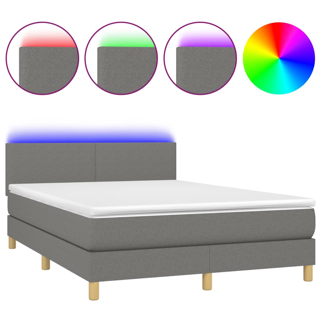 Cama box spring colchón y luces LED tela gris oscuro 140×200 cm 3133558