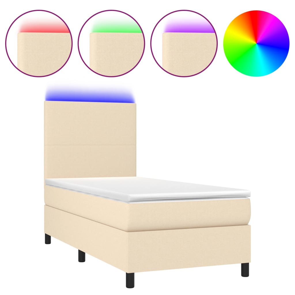 Cama box spring colchón y luces LED tela crema 80×200 cm 3134674