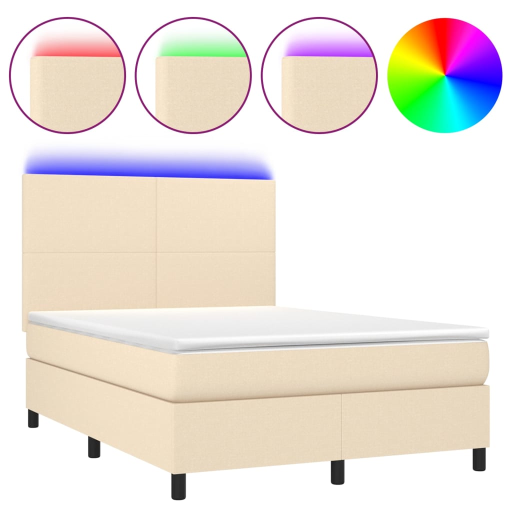 Cama box spring colchón y luces LED tela crema 140×200 cm 3134722