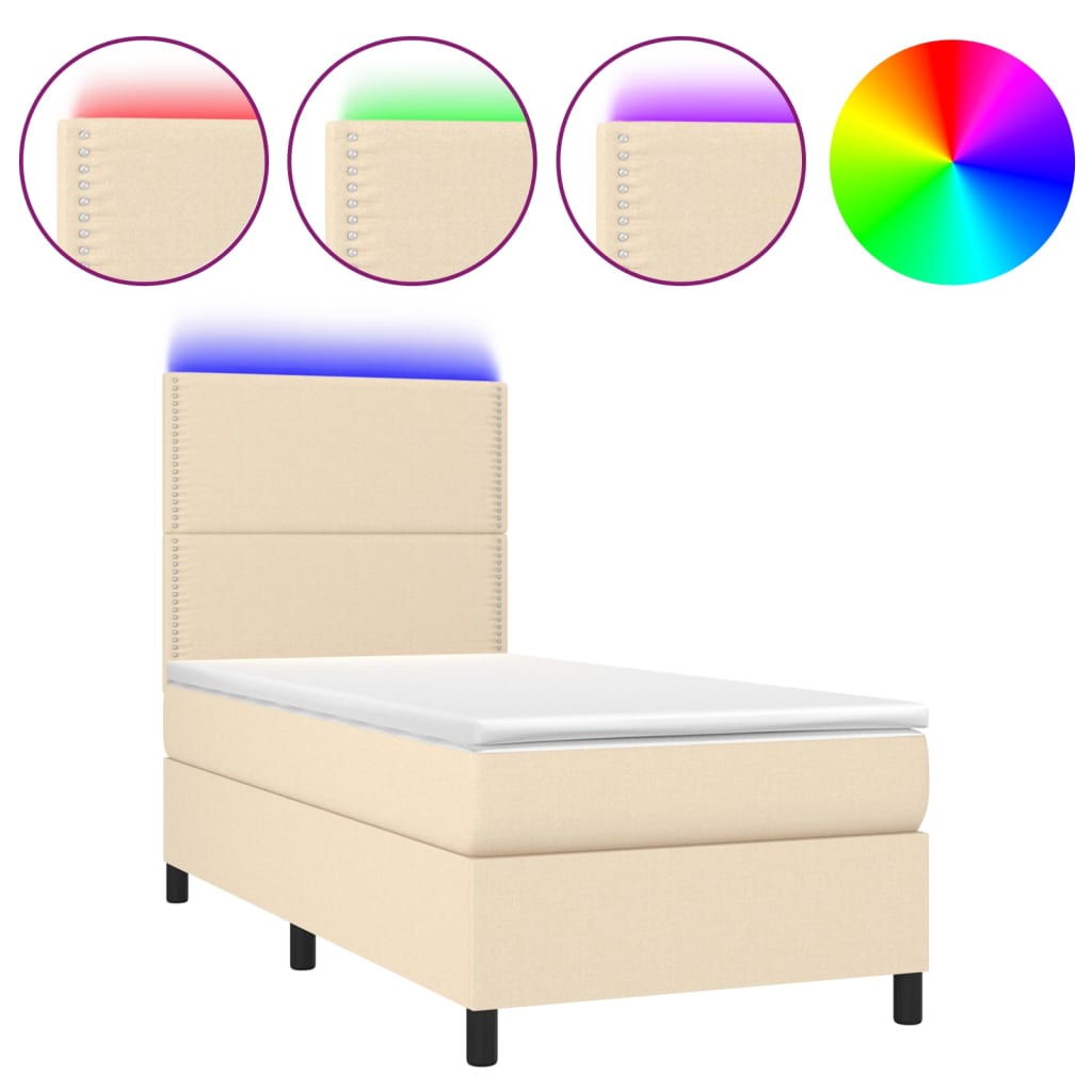 Cama box spring colchón y luces LED tela crema 90×200 cm 3134770