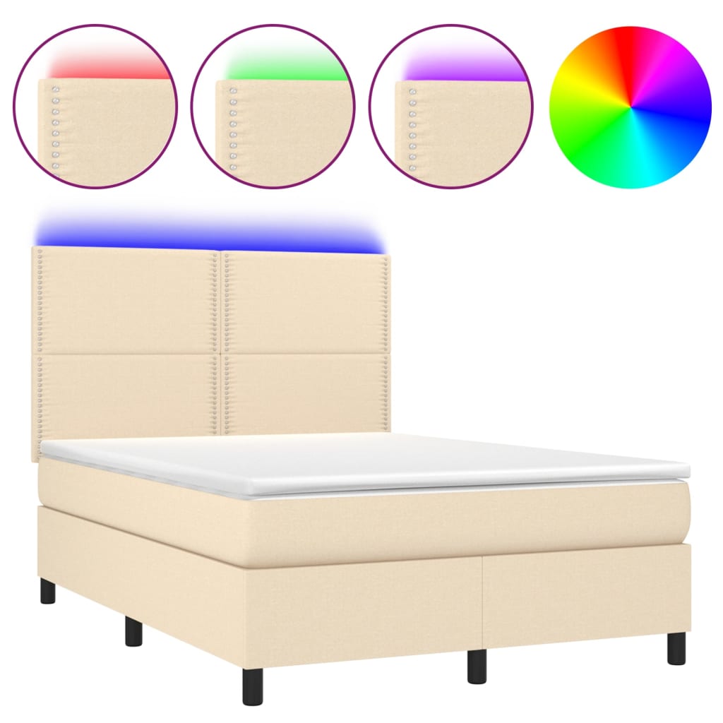 Cama box spring colchón y luces LED tela crema 140×200 cm 3134802