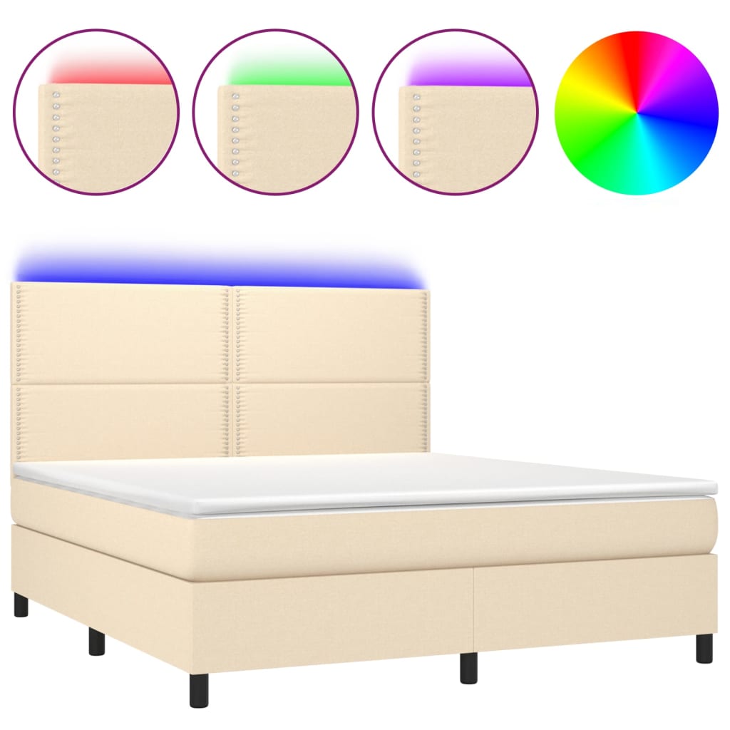 Cama box spring colchón y luces LED tela crema 180×200 cm 3134818