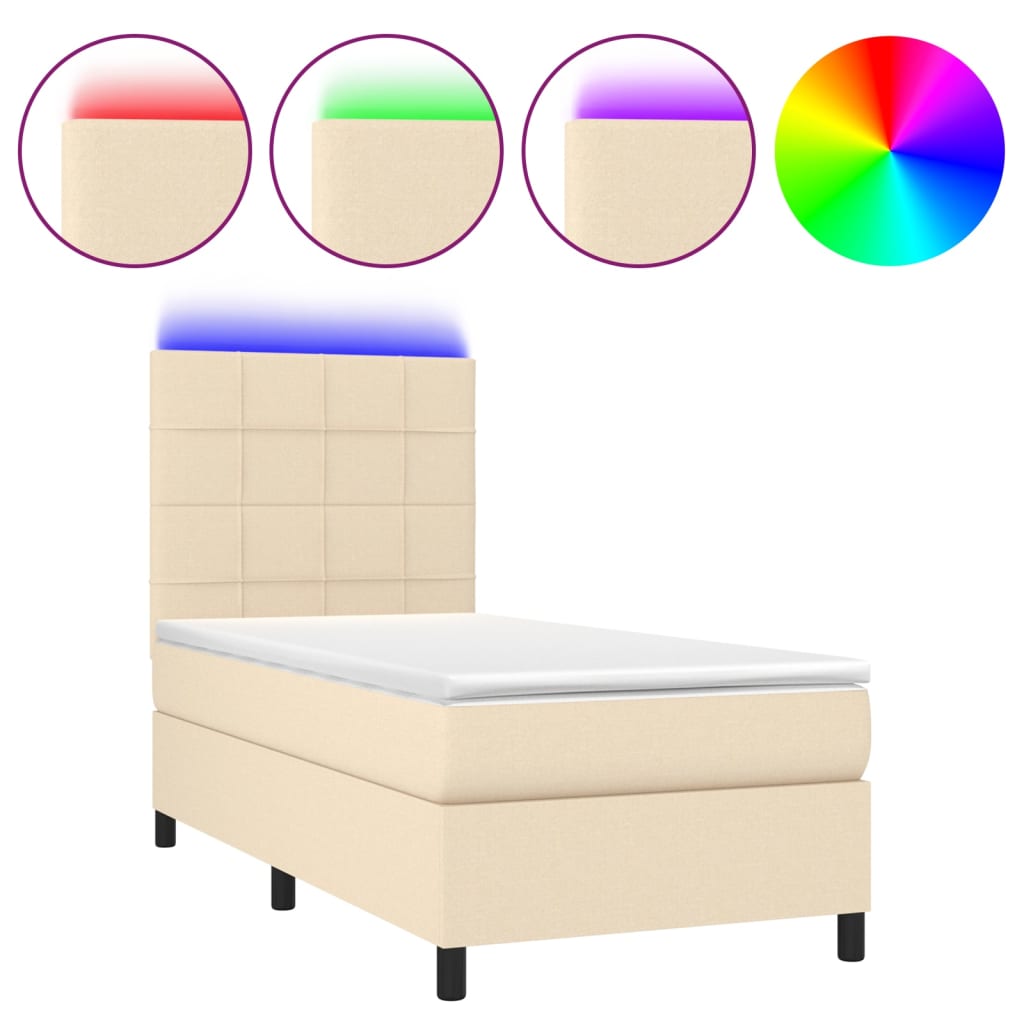 Cama box spring colchón y luces LED tela crema 80×200 cm 3134834