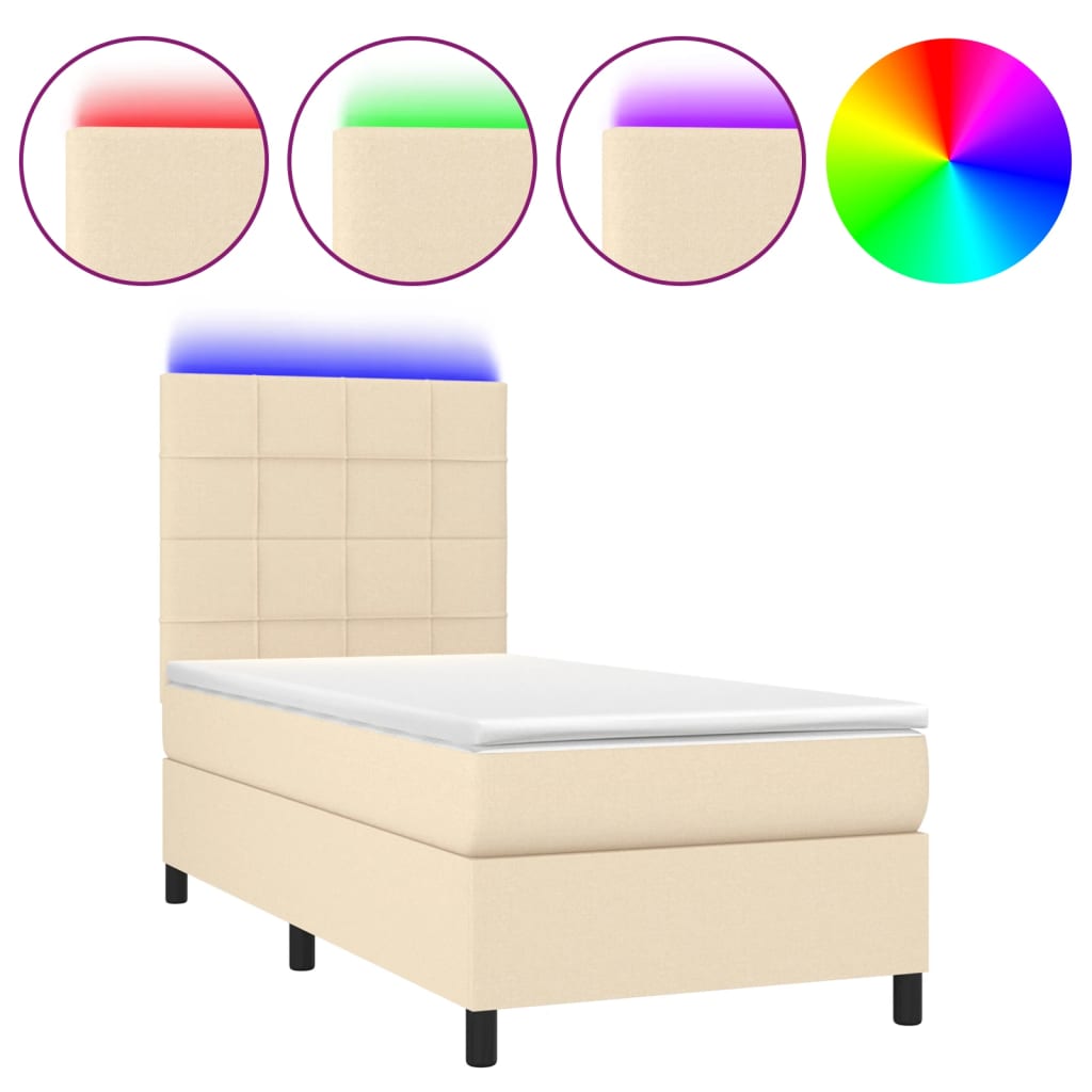 Cama box spring colchón y luces LED tela crema 90×200 cm 3134850