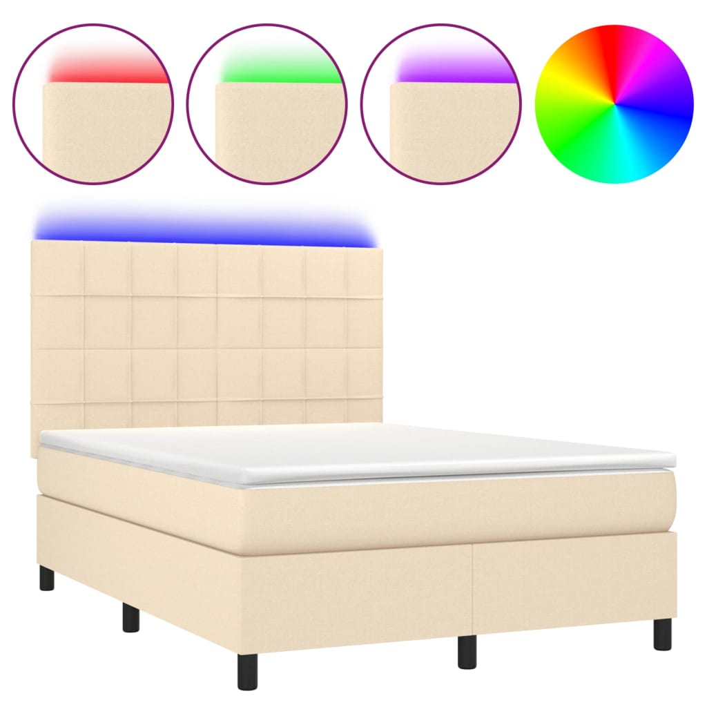 Cama box spring colchón y luces LED tela crema 140×200 cm 3134882