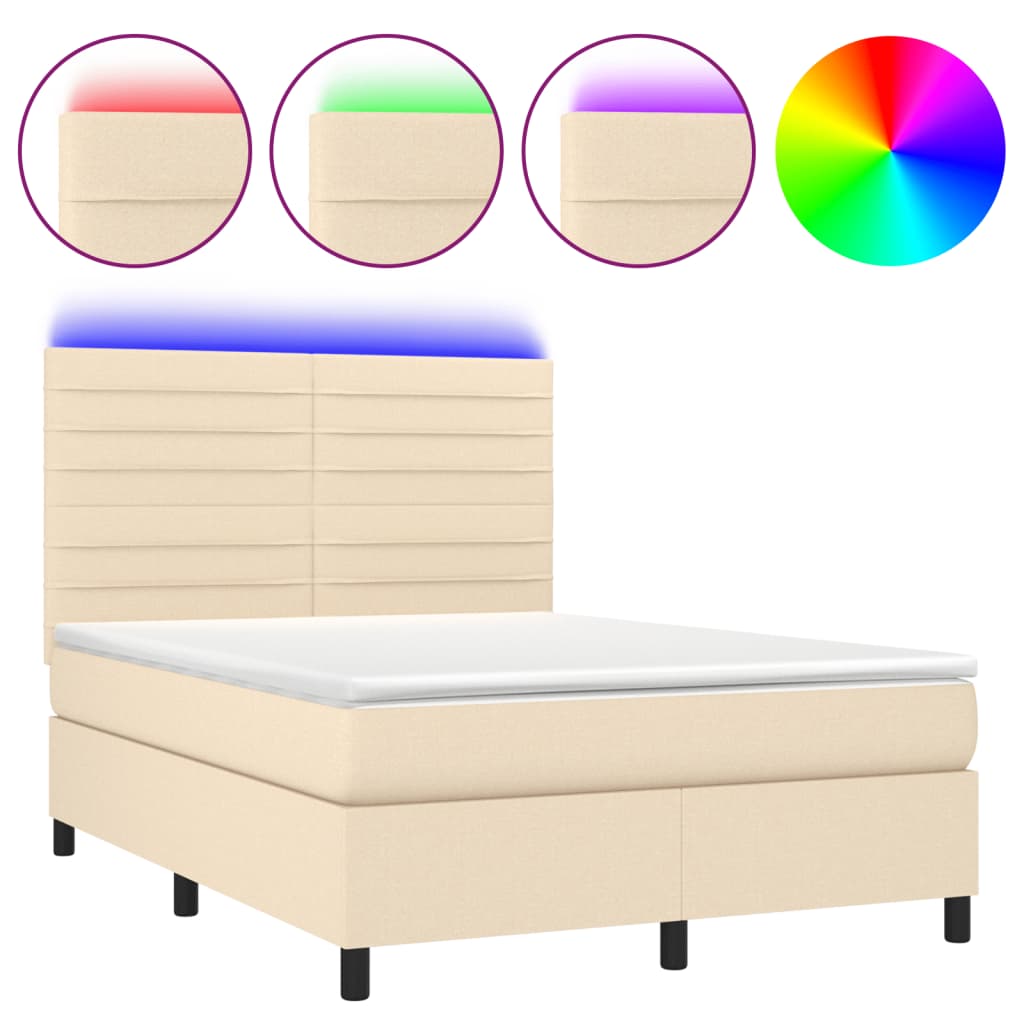 Cama box spring colchón y luces LED tela crema 140×200 cm 3134962