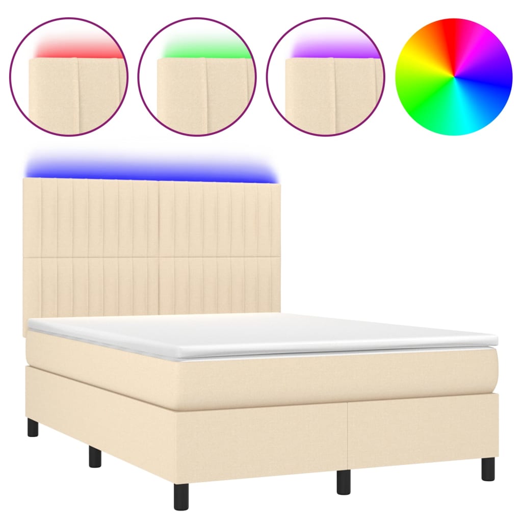 Cama box spring colchón y luces LED tela crema 140×200 cm 3135042