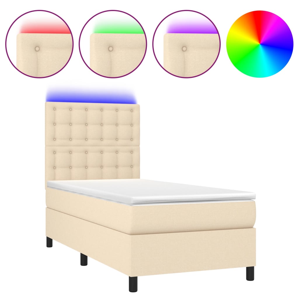 Cama box spring colchón y luces LED tela crema 80×200 cm 3135154