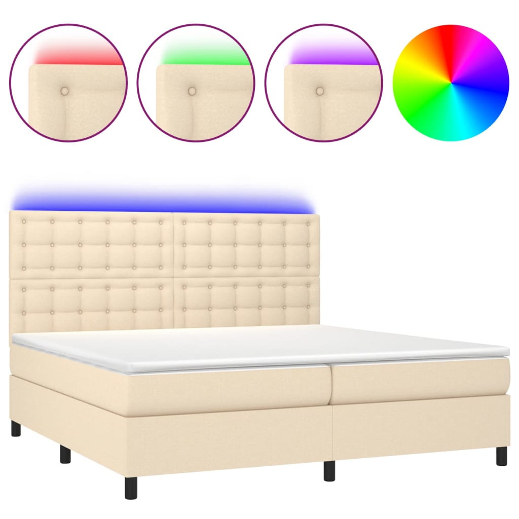 Cama box spring colchón y luces LED tela crema 200×200 cm 3135226