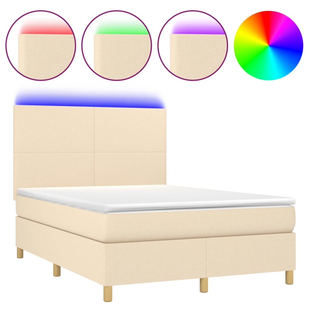 Cama box spring colchón y luces LED tela crema 140×200 cm 3135282