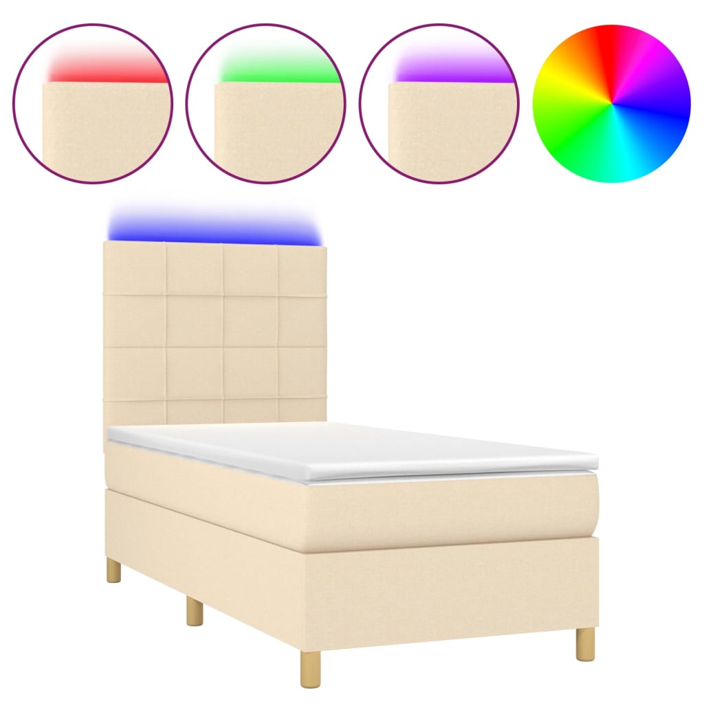Cama box spring colchón y luces LED tela crema 90×200 cm 3135410