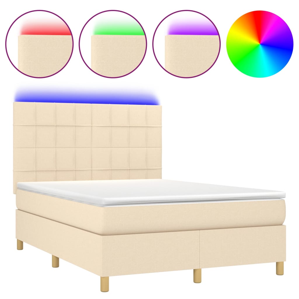 Cama box spring colchón y luces LED tela crema 140×200 cm 3135442