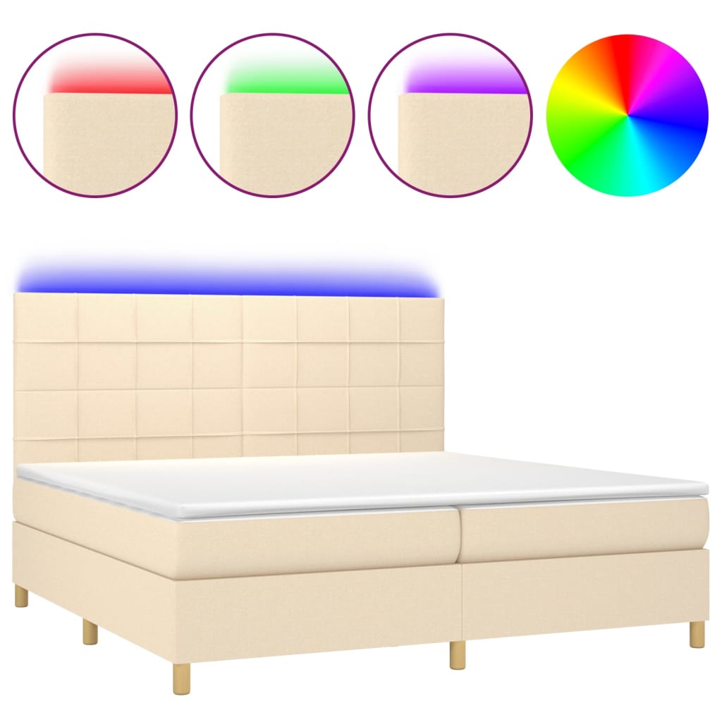 Cama box spring colchón y luces LED tela crema 200×200 cm 3135466