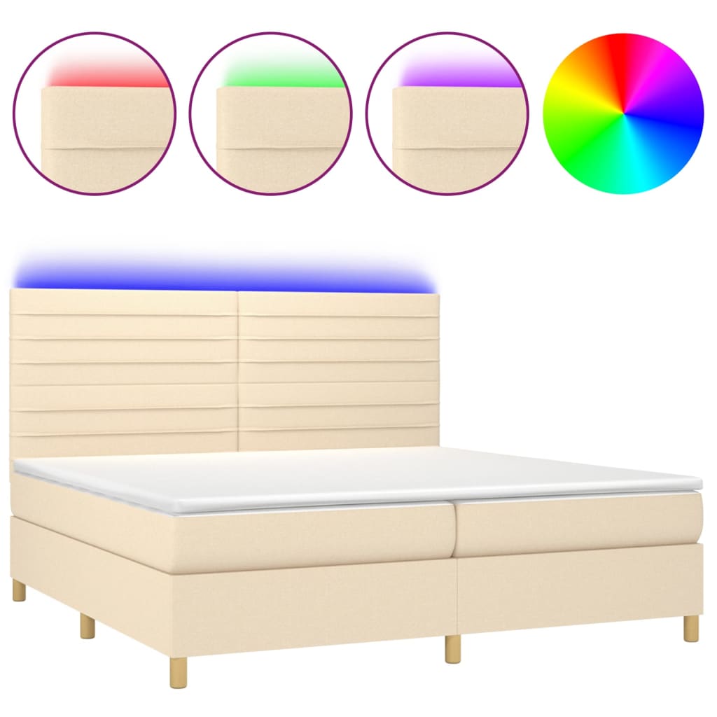 Cama box spring colchón y luces LED tela crema 200×200 cm 3135546