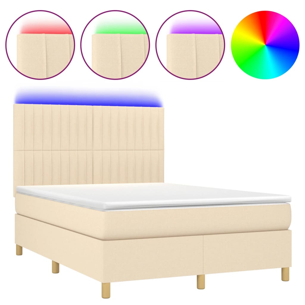 Cama box spring colchón y luces LED tela crema 140×200 cm 3135602
