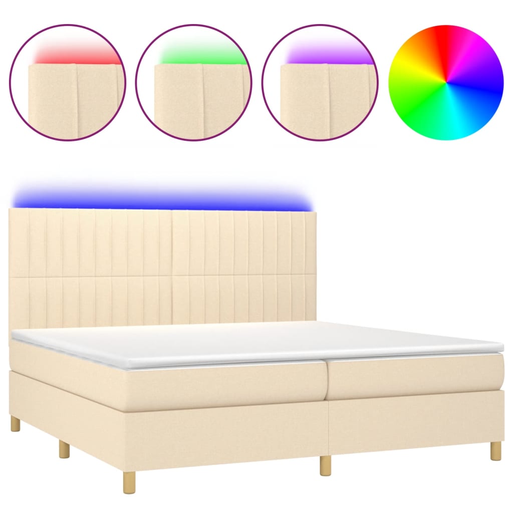 Cama box spring colchón y luces LED tela crema 200×200 cm 3135626