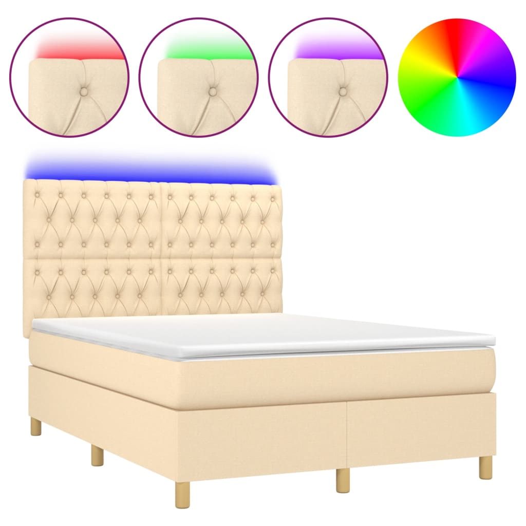 Cama box spring colchón y luces LED tela crema 140×200 cm 3135682