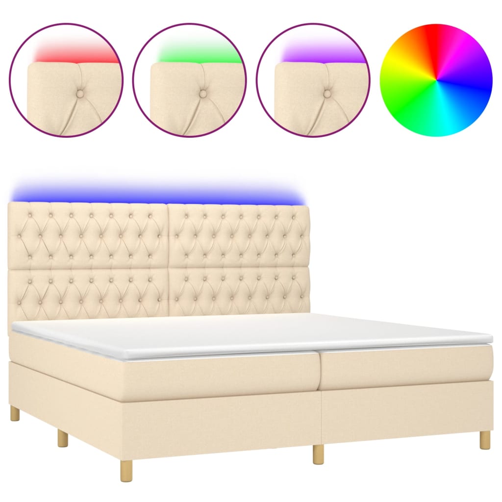 Cama box spring colchón y luces LED tela crema 200×200 cm 3135706