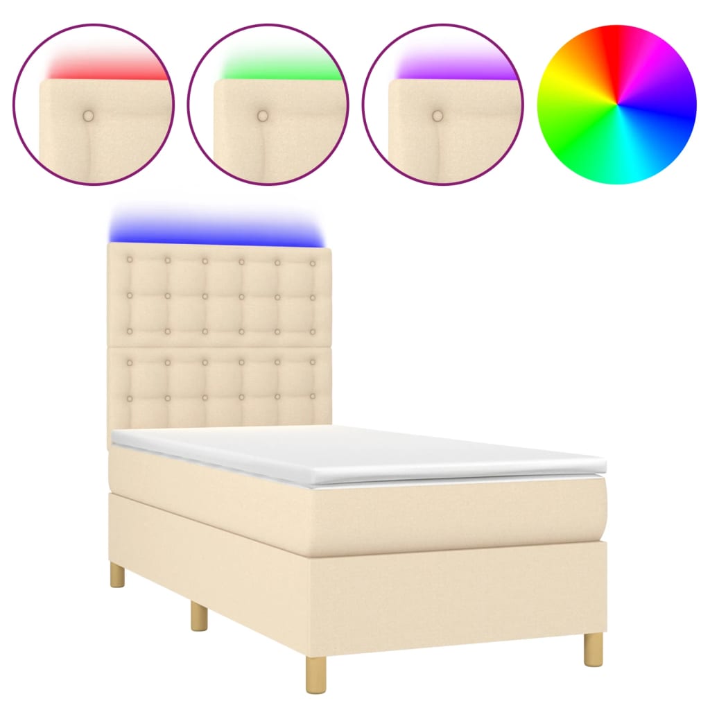 Cama box spring colchón y luces LED tela crema 90×200 cm 3135730