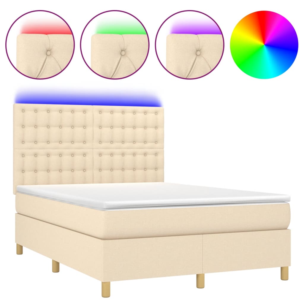 Cama box spring colchón y luces LED tela crema 140×200 cm 3135762