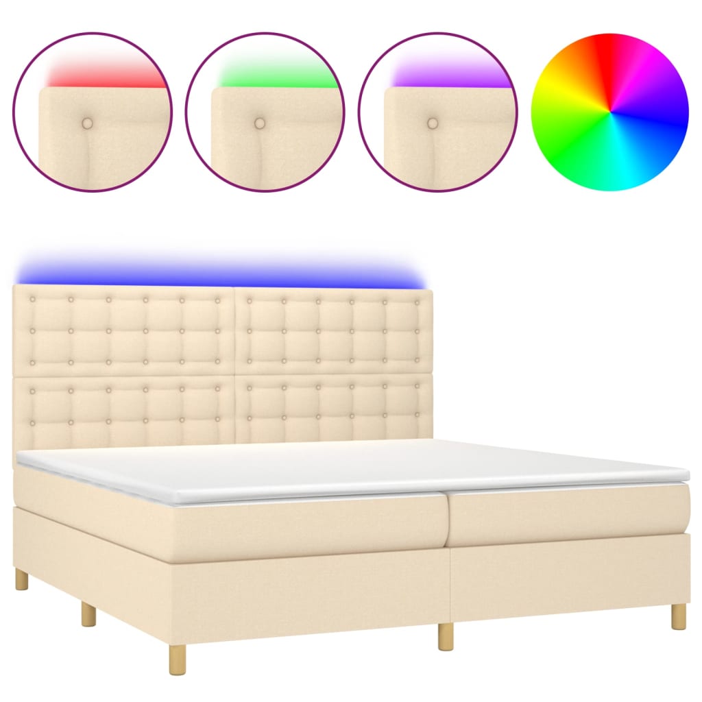 Cama box spring colchón y luces LED tela crema 200×200 cm 3135786
